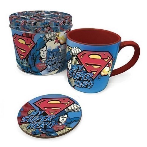 TAZA DESAYUNO SUPERMAN + LATA + POSAVASOS